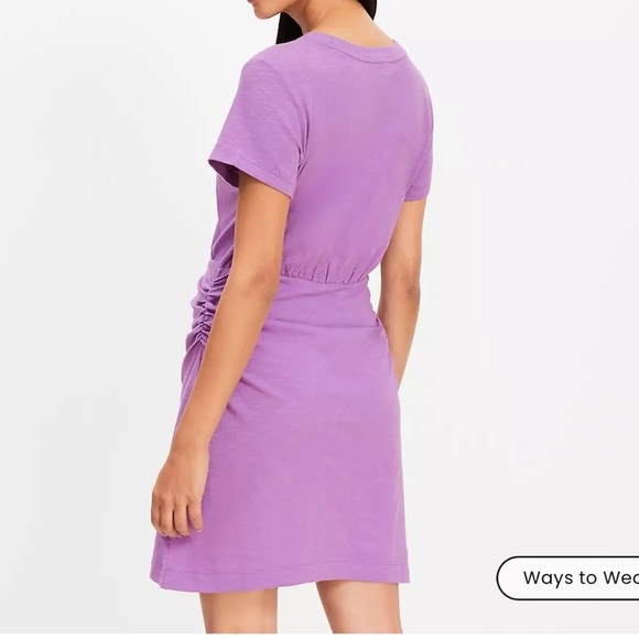 LOFT Ruched Cotton Jersey Mini Tee Dress Elastic Waist Chic Modern Orchid Sz MP - Picture 2 of 9